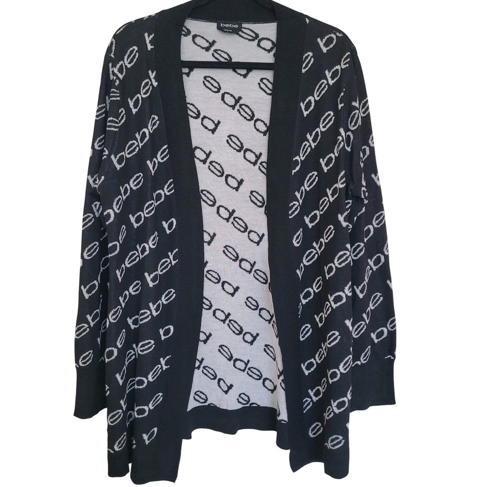 bebe Black White Knit Cardigan Sweater Logo Print Open Front L Women